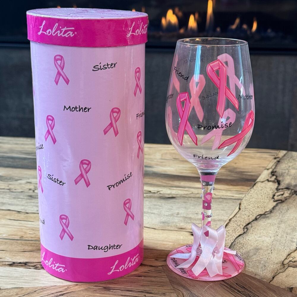 NIB Lolita Pink Ribbon Breast Cancer Awareness Wine Glass Hand Painted Box 15oz